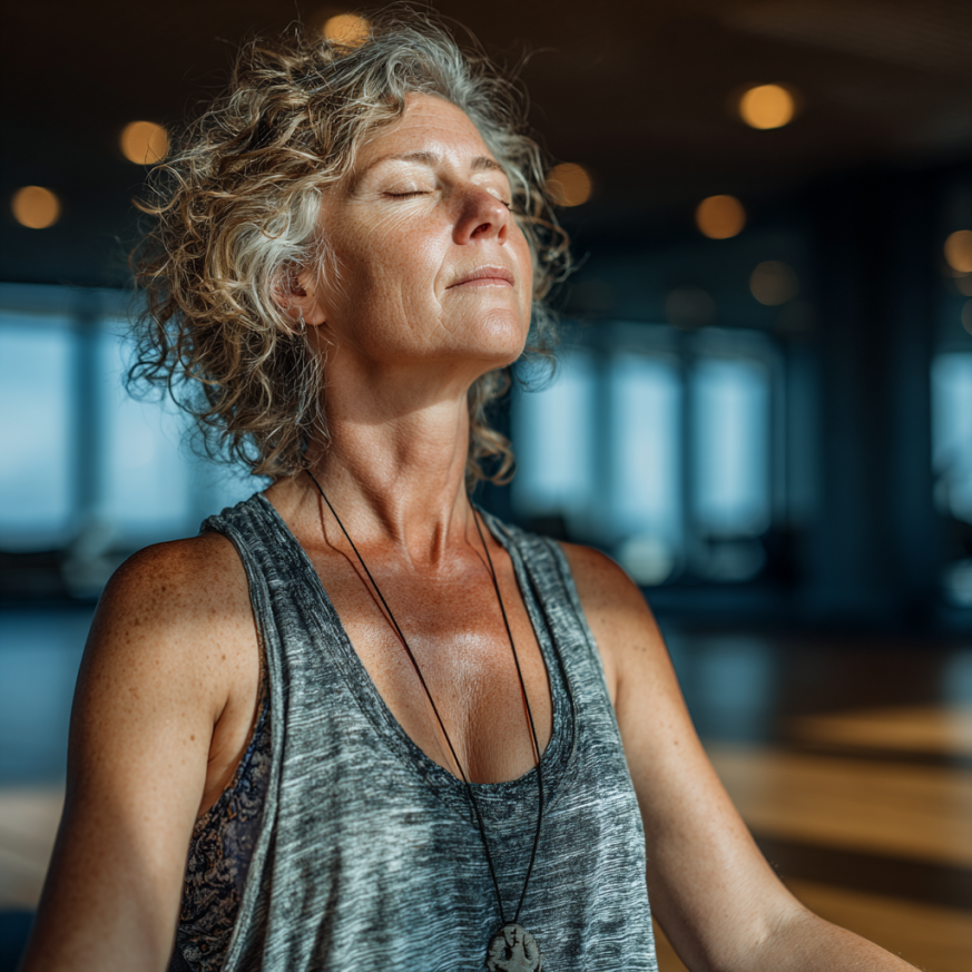 Літня жінка практикує йогу